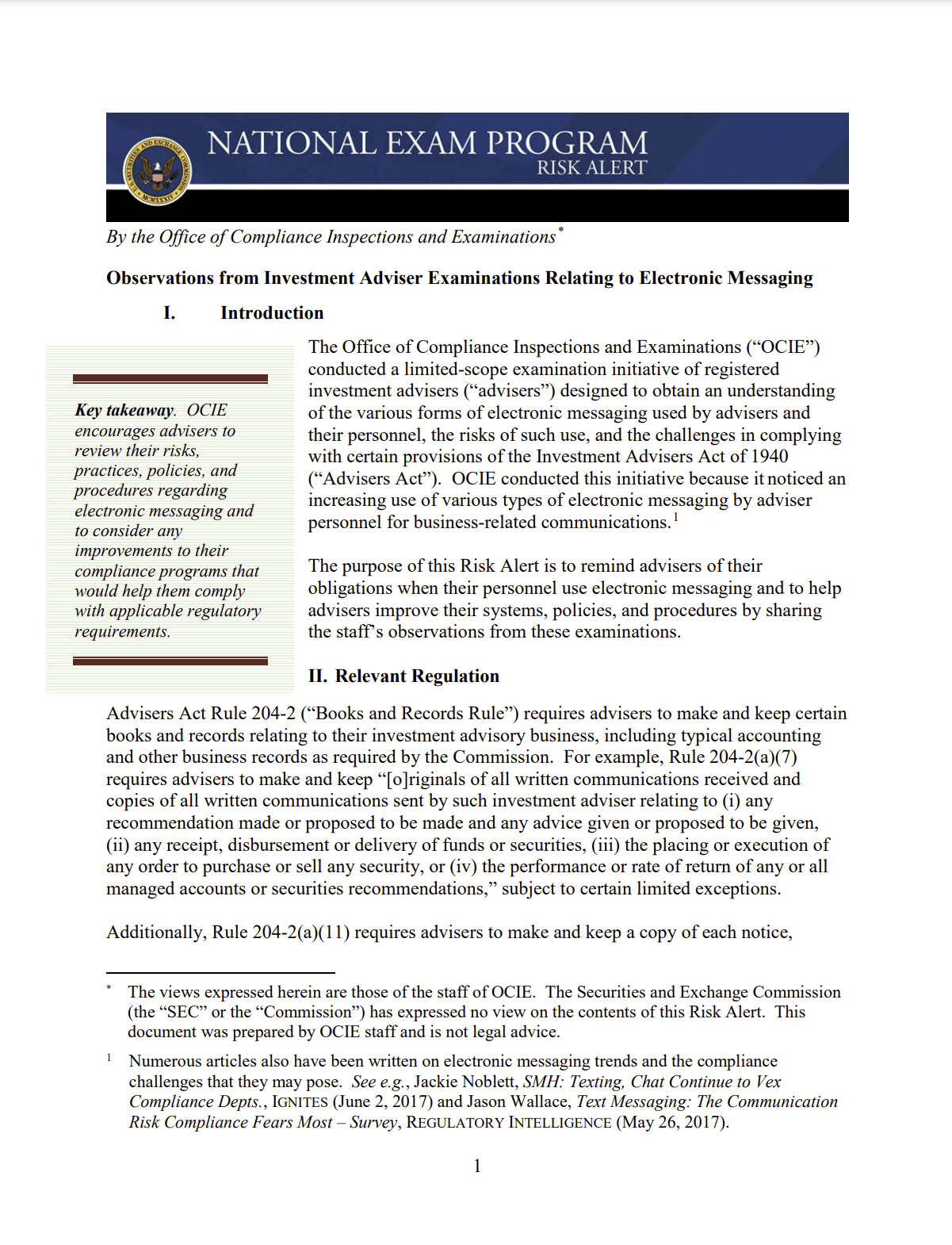 OCIE Risk Alerts – Electronic Messaging